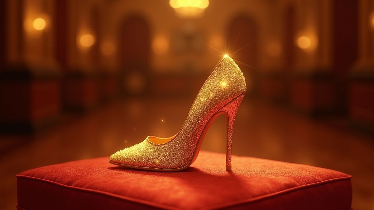 Golden shoe on a cushion in an elegant ballroom.